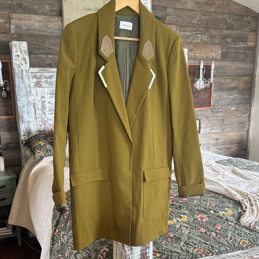 Mugler Olive Blazer with Unique Lapel Accents